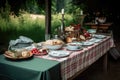 picnic table with checkered blanket, dishes, and cutlery for elegant picnic