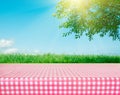 A Picnic table covered with checkered tablecloth Royalty Free Stock Photo