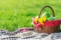 A picnic table covered with checkered tablecloth