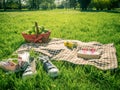 Picnic table covered with checkered tablecloth Royalty Free Stock Photo