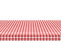 The picnic table is covered with a checkered tablecloth. White red gingham textile. Clean surface with textile, template Royalty Free Stock Photo