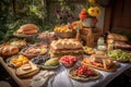 picnic table covered in food, with towering sandwiches, delicious baked goods and refreshing drinks