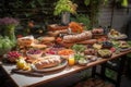 picnic table covered in food, with towering sandwiches, delicious baked goods and refreshing drinks