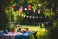 A picnic table covered in vibrant American flags, proudly displaying patriotism, A memorial day barbecue celebration in a backyard Royalty Free Stock Photo