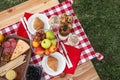 Picnic table with different tasty snacks