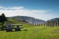 Picnic table and fence at hilltop scenic lookout, Makorori Headland, near Gisborne East Coast, North Island, New Zealand