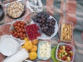 Picnic table, food served outdoors on the fabric picnic cloth. Close up, top view. Fresh vegetables and fruits, grapes