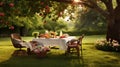 picnic table in the garden under a peach tree