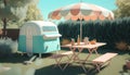 Picnic table in the garden under an umbrella. 3d rendering Royalty Free Stock Photo