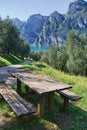 Picnic table with lake view Royalty Free Stock Photo