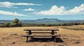 Picnic table in the middle of nowhere, mountains in the background. Highway rest stop illustration Royalty Free Stock Photo