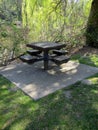 Picnic table near Fishtrap creek along Discovery Trail. Abbotsford, BC, Canada