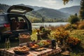 Picnic table and open car near lake with beautiful nature landscape. Weekend, holiday, travel. Created with Generative Royalty Free Stock Photo