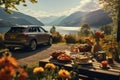 Picnic table and open car near lake with beautiful nature landscape. Weekend, holiday, travel. Created with Generative Royalty Free Stock Photo