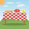 Picnic table red checkered food landscape