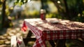 a picnic table with a red and white tablecloth Royalty Free Stock Photo