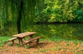 Picnic table by the river Royalty Free Stock Photo