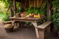 picnic table with a rustic, hand-carved bench and basket of fresh fruit