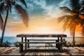 A picnic table set up by the seaside grill realistic tropical background
