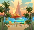 Picnic table with umbrella. Beach sand near surf. Tropical forest with palm trees. Two armchairs and baskets of food