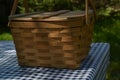 Picnic table with vintage picnic basket, blue checked table cloth Royalty Free Stock Photo