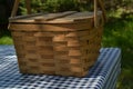 Picnic table with vintage picnic basket, blue checked table cloth Royalty Free Stock Photo