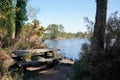 Picnic table wooden near hostens lake in gironde france Royalty Free Stock Photo