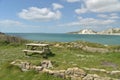 Picnic table by Worbarrow Bay