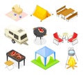 Picnic with Tablecloth, Hamper with Food and Barbecue Grill as Summer Outdoors Meal Isometric Vector Set