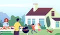 Picnic time. Garden bbq party. Family backyard barbecue cooking. Mother and father with happy children. Vector outdoor