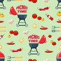 PICNIC TIME. Grill background, pattern. Vector set. Various special tools and food for barbecue.