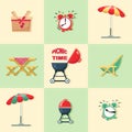 PICNIC TIME. Grill, barbecue. Vector set icon. Various special tools