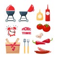 PICNIC TIME. Grill. Vector set. Various special tools and food for barbecue.