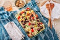 Picnic time - homemade orzo pasta salad with feta, olives, tomatoes Royalty Free Stock Photo