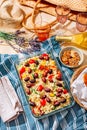 Picnic time - homemade orzo pasta salad with feta, olives, tomatoes Royalty Free Stock Photo