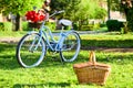 Picnic Time. Nature Cycling Tour. Rent Bike To Explore City. Retro Bicycle With Picnic Basket. Bike Rental Shops