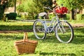 Picnic time. Nature cycling tour. Rent bike to explore city. Retro bicycle with picnic basket. Bike rental shops Royalty Free Stock Photo