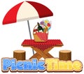 Picnic time sign with picnic table on white background