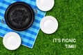 Picnic time. Summer BBQ on park lawn. Barbecue spring poster. 3D top view of grill and empty plates. Outdoor meal party