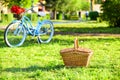 Picnic time. Vintage bike garden background. Rent bike to explore city. Nature cycling tour. Retro bicycle with picnic Royalty Free Stock Photo