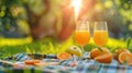 Picnic with two glasses of orange juice on green grass in summerAi, AI Generated Royalty Free Stock Photo