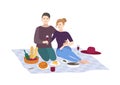 Picnic, vector illustration. Couple together outdoor relax. people recreation scene in flat style.