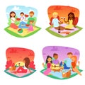 Picnic vector people happy family friends lovely couple picnicking in park illustration set of man woman kids boy or Royalty Free Stock Photo