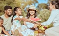 Picnic, watermelon and happy family in park with summer fruits for wellness, outdoor holiday and health with children