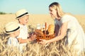 Mother gives children a basket with fresh bread and milk. A picnic on a wheat field. Royalty Free Stock Photo