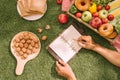 Picnic wicker basket with food, bread, fruit and orange juice on Royalty Free Stock Photo