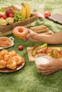 Picnic wicker basket with food, bread, fruit and orange juice on a red and white checked cloth in the field with green nature Royalty Free Stock Photo