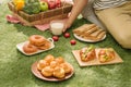 Picnic wicker basket with food, bread, fruit and orange juice on a red and white checked cloth in the field with green nature Royalty Free Stock Photo