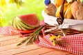 Picnic wicker basket with food on table in field elevated