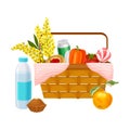 Picnic Wicker Hamper with Foodstuff for Eating Outdoors Vector Illustration